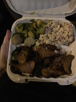 Spiced tofu, chikn salad, Brussels. Yummyyyy at NuVegan in Richmond