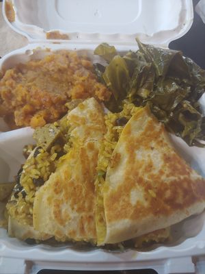 "Steak" Quesadilla, collards, and sweet potatoes at NuVegan in Richmond