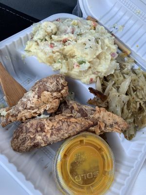 Drummies, potato salad, cabbage at NuVegan in Richmond