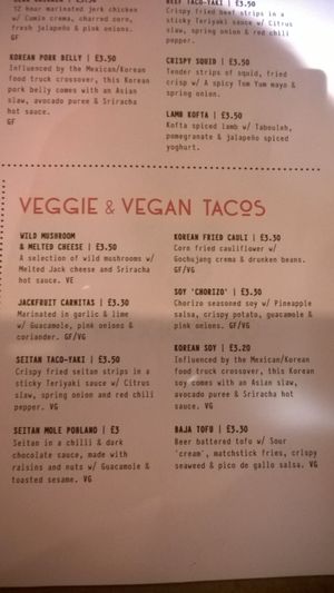 Taco menu at Mexico 70 in Sunderland