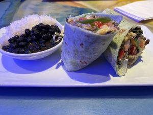 veggie wrap and side of coconut milk rice and black beans  at Coconuts on the Beach in Cocoa Beach