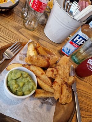 Banana blossom vish, chips & mushy peas. at So! Bar and Eats in Ripon