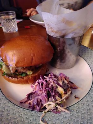 Vegan burger and chips (May 2022) at The Cosy Club in York
