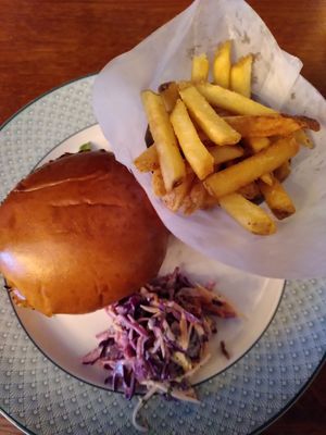 Vegan burger and chips from above (May 2022) at The Cosy Club in York