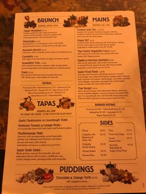 The vegan menu at the cosy club 26/10/18 at The Cosy Club in York