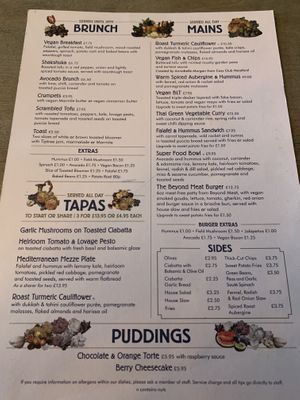 Vegan menu June 2019 at The Cosy Club in York