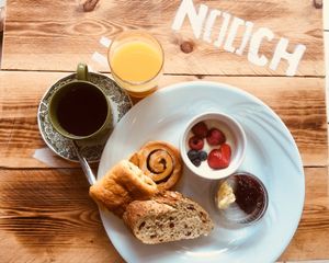 Sunday brunch! Tea or coffee, choice of pastry, pumpkin bread and jam, orange juice £5, with fresh fruit and yoghurt £6 at Nooch in Matlock