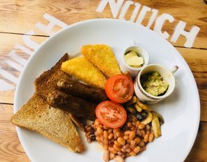 All day breakfast! Shroomdogs, posh beans, mushrooms, avocado, hash browns, tomatoes and toast. Top nosh!  at Nooch in Matlock