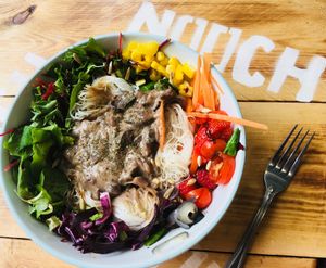 Creamy mushroom and noodles on a rainbow salad. Get way more than your 5-a-day in one awesome bowl. at Nooch in Matlock