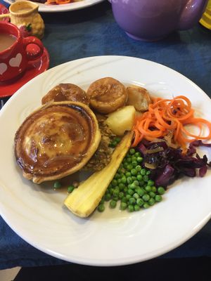 Roast dinner with ‘chickn’ and mushroom pie. at Nooch in Matlock