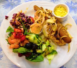 Fully loaded hot dog (I asked for the cheese and hummous to be on the side) at Nooch in Matlock