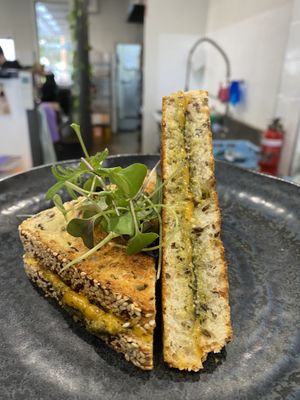 Basil pesto and spinach toasty   at Feast in Geelong