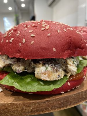 ‘Chicken’ mayo on a beetroot bun  at Feast in Geelong