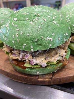 ‘Chicken’ mayo on a matcha bun  at Feast in Geelong