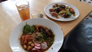 Ramen soup and traditional polish dish, homemade ice tea at Naturalna in Bydgoszcz