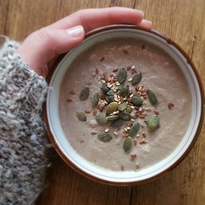 La Bajana : from a very old and traditional french recipe. This soup is hand made with chestnuts, potatoes, malted yeast, thyme, wild rosemary, parsley, nutmeg, black peper. (A vegan, gluten free, salt free, lactose free and 90% organic meal) at Keck's Cafe Nature Shop in Vichy