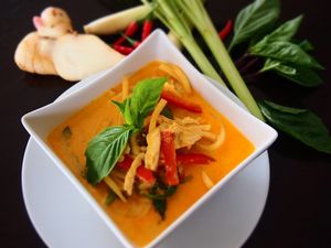 Red Coconut Curry with bell pepper, bamboo shoot and basil leaf at I Am Thai in Abbotsford