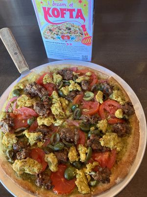 I enjoyed this veganized Kofta Pizza which is available thru 3/31/25. The spicy green Middle Eastern pesto sauce brings it all together. at Pizza Luce in St Paul