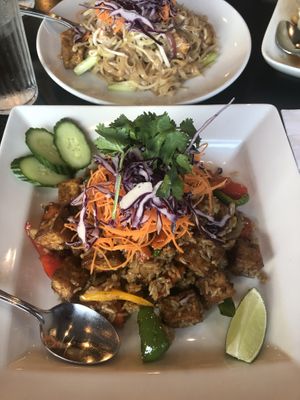 Tofu Fried Rice & Pad Thai in background at Thai Terrace in Kelowna