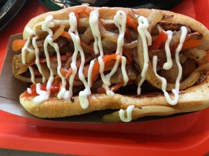 Guapo’s vegan street dawg at Guapo's Taco Shop in Bakersfield