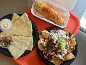 Quesadilla, Elote, and Al Paztor Nachos.  at Guapo's Taco Shop in Bakersfield