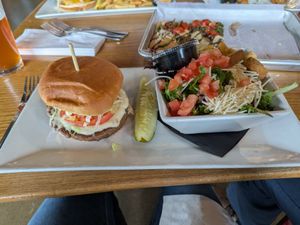 Fake-Real Vegan Burger and side salad at Findlay Brewing Company in Findlay