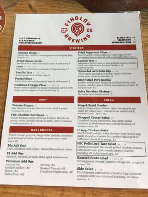 Menu at Findlay Brewing Company in Findlay