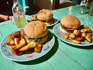 Our famous Vegi Burger with seitan and tasty home potato!  at cHelloVegi in Kampot