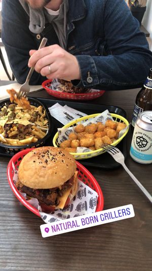 Chilli cheese fries, Gangnam style burger, potato gems and southern fried seitan burger  at Natural Born Grillers in Mount Gambier