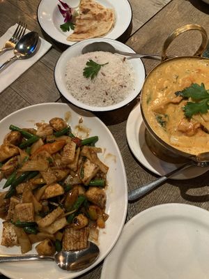 Calamari stir fry, mock duck red curry & coconut rice  at A Taste of Siam in Hampton