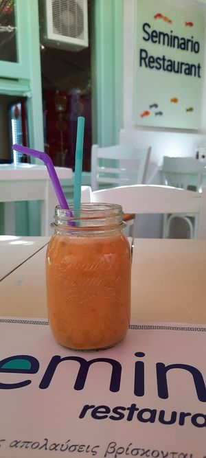 Vegan smoothie with carob "honey" at Seminario in Syros