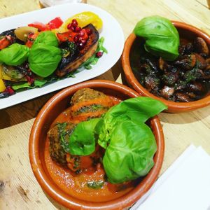 A few of the tapas options - soy mushrooms, grilled veg and aubergine 'meat'balls  at Pablos Bistro in Bradford-on-avon
