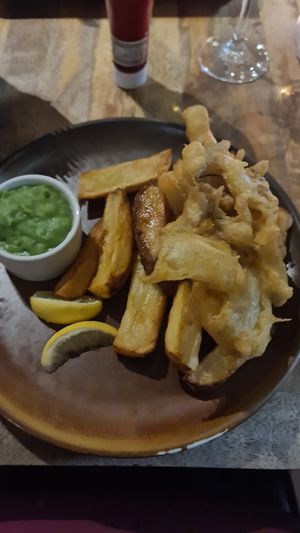 Vegan phish,  chips and mushy peas at So! Bar and Eats in Harrogate