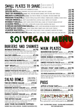 Vegan menu at So! Bar and Eats in Harrogate