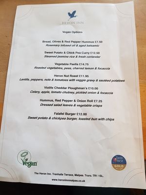 Vegan menu at Heron Inn in Truro