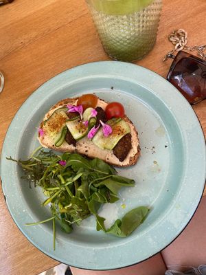 Hummus toast   at Betty's Bowls in Medellin