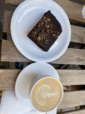 Brownie and latte   at Massolit Cooks in Krakow