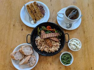 tofu shaken "eggs" with tempeh at Massolit Cooks in Krakow