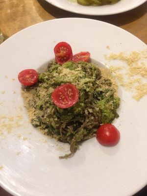 Soba noodles with pesto at Massolit Cooks in Krakow