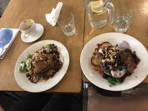 Vegan pancakes and vegan french toasts at Massolit Cooks in Krakow