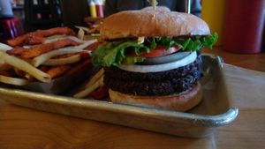 Vegan black bean burger - double patty at Grassburger in Durango