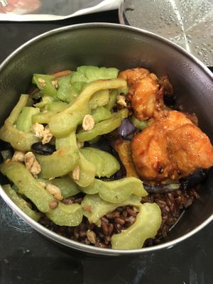 brown rice set: mock meat, bitter gourd, egg plant 👍🏻👍🏻 at Vegetarian Stall - Kovan 209 in Northeast Singapore