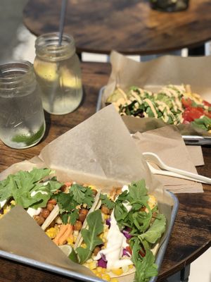 Rainbow tacos in the front, brekkie box in the back at Lady and the Shallot in Ewing