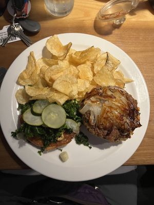 Vegan burger with kale and onions  at Sunrise Cafe in Yellow Springs