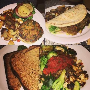Sunrise burger, falafel + tofu veg scramble!  at Sunrise Cafe in Yellow Springs