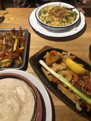 Dairy meat free fajitas / salt and pepper chips   at Behind The Wall in Falkirk