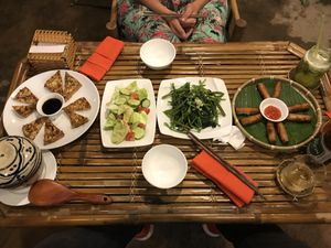 Tofu with citronella, morning glory, fried spring roll at Lotus Restaurant in Phu Quoc