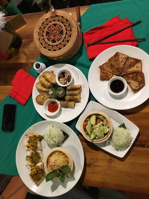 Tofu 5 Spice and Fish with Maracuja Sauce and in the middle 3 Kinds of Rolls  at Lotus Restaurant in Phu Quoc