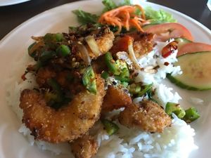 Spicy Chacha. Spicy vegan shrimp. Crispy and delicious! at Goji Cafe in Dallas