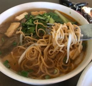 Golden noodles (eggless noodles) Delight veggie noodle. This noodle soup is so delicious!  at Goji Cafe in Dallas